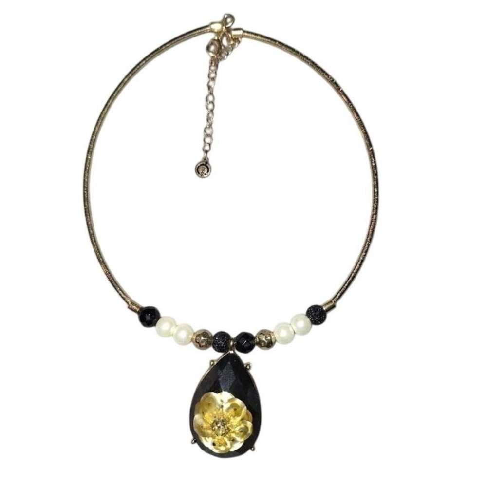 90s Y2K Whimsygoth  Black Teardrop Flower Charm Choker Necklace Moody‎ Gold Tone